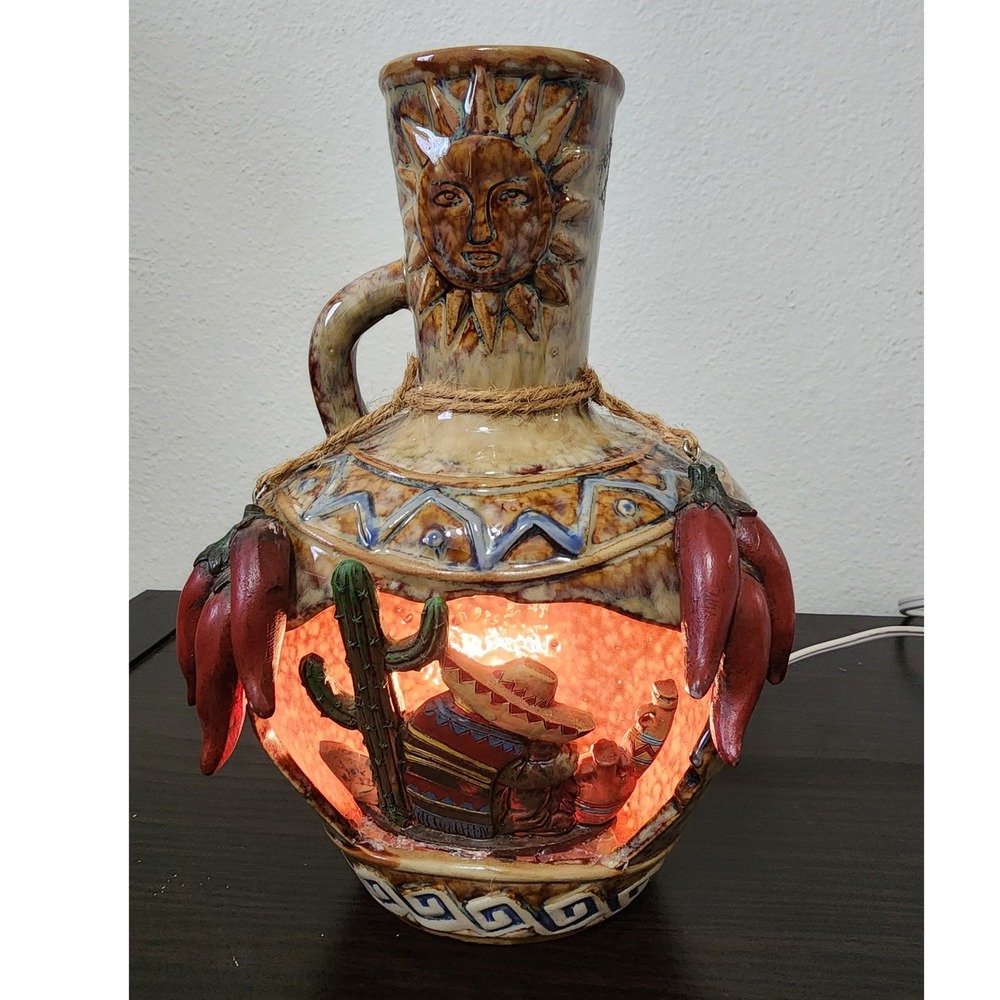 Southwestern Ceramic Sun Face Chili Pepper Jug Accent Lamp Sombrero Diorama